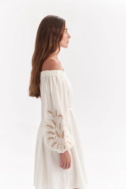 White Off-Shoulder Mini Dress with Embroidered Balloon Sleeves - Image 3