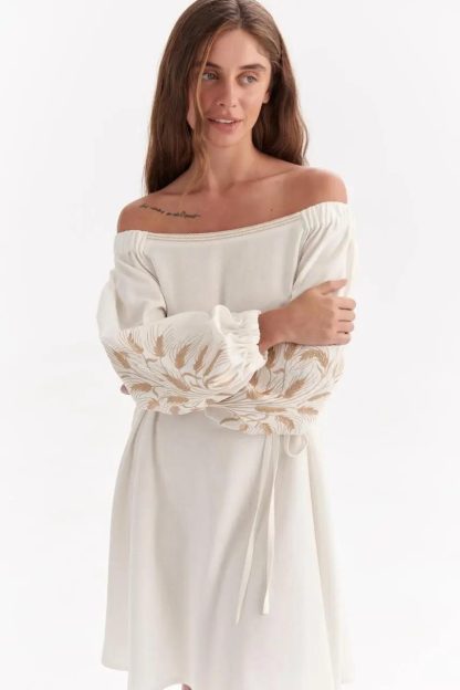 White Off-Shoulder Mini Dress with Embroidered Balloon Sleeves - Image 2