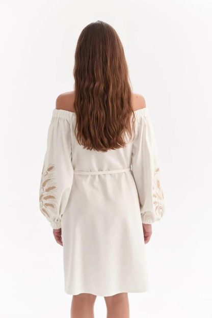 White Off-Shoulder Mini Dress with Embroidered Balloon Sleeves - Image 5