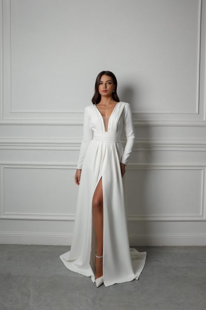 Satin V Neck Long Sleeve Wedding Dress - Image 8