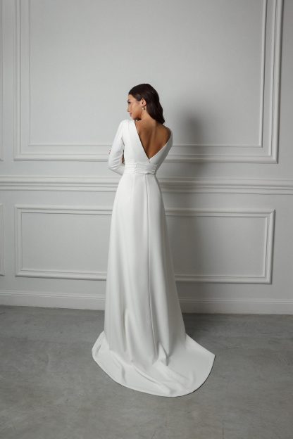 Satin V Neck Long Sleeve Wedding Dress - Image 5