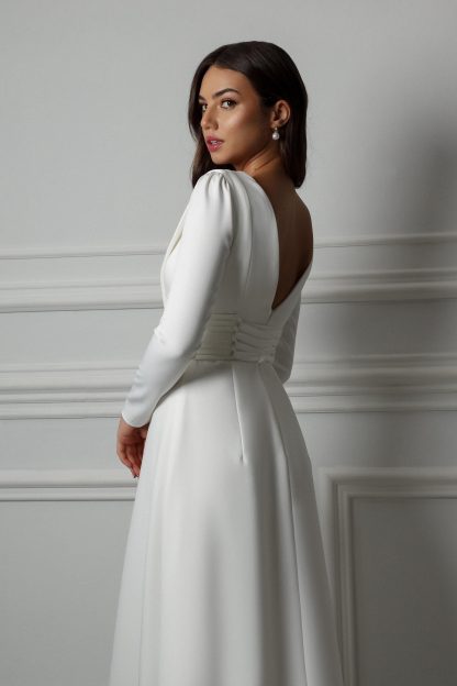 Satin V Neck Long Sleeve Wedding Dress - Image 4