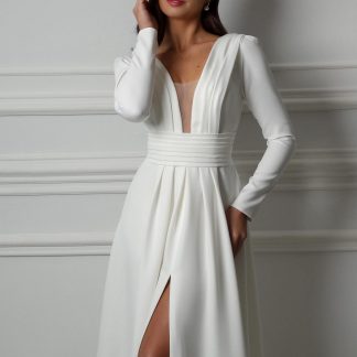 Satin V Neck Long Sleeve Wedding Dress