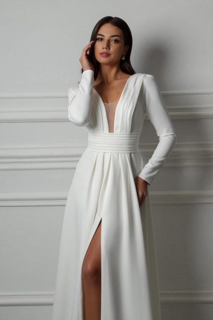 Satin V Neck Long Sleeve Wedding Dress