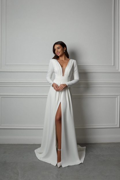 Satin V Neck Long Sleeve Wedding Dress - Image 2