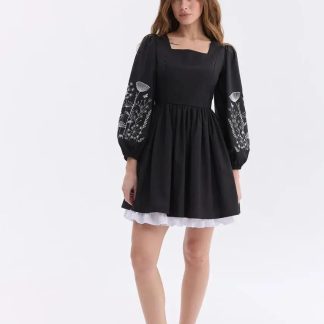 Black Square Neck Puff Sleeve Mini Dress with Embroidered Details