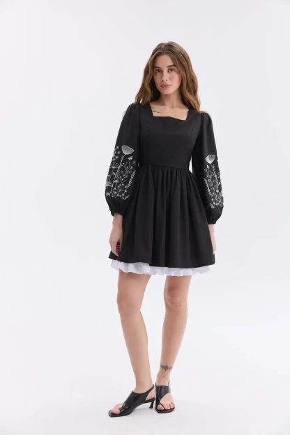 Black Square Neck Puff Sleeve Mini Dress with Embroidered Details