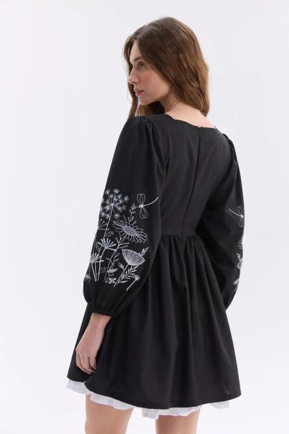 Black Square Neck Puff Sleeve Mini Dress with Embroidered Details - Image 3