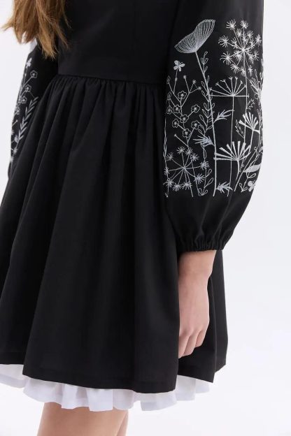 Black Square Neck Puff Sleeve Mini Dress with Embroidered Details - Image 4