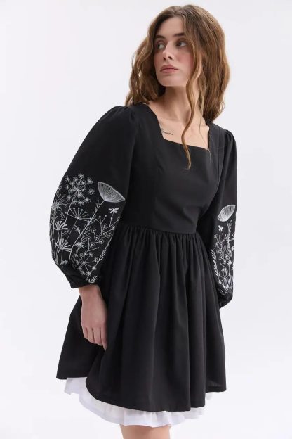 Black Square Neck Puff Sleeve Mini Dress with Embroidered Details - Image 5