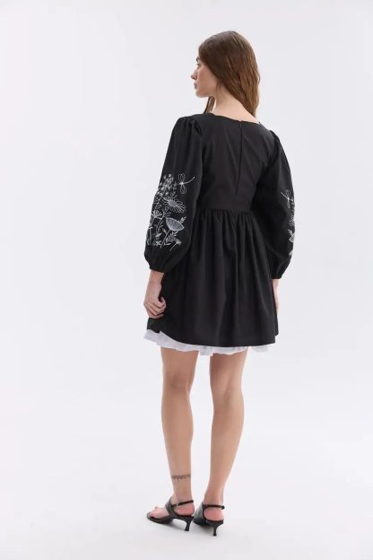 Black Square Neck Puff Sleeve Mini Dress with Embroidered Details - Image 7