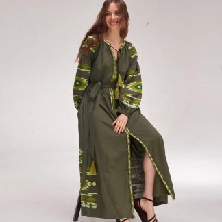 Olive Green Embroidered Maxi Dress with Tassel Tie