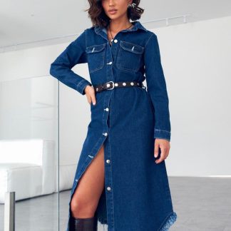 Dark Blue Belted Denim Shirt Dress
