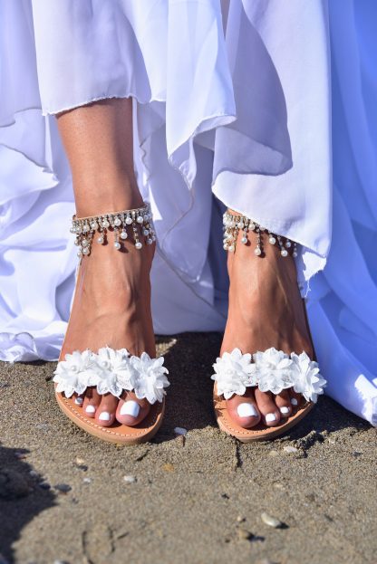 Boho White Floral & Pearl Ankle Strap Flat Sandals for Women – Handmade Bridal Summer Shoe - Image 3