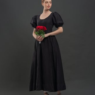 Hepburn style black puff sleeve dress