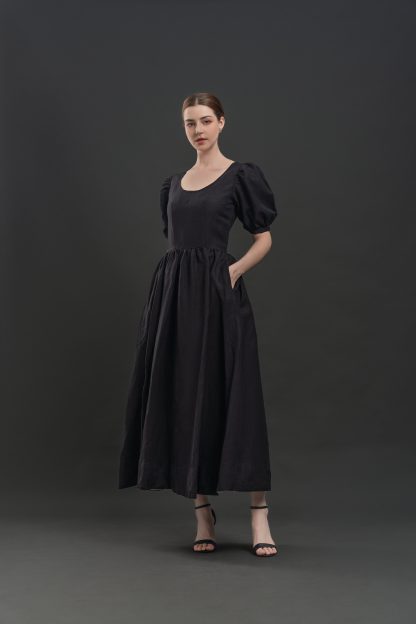 Hepburn style black puff sleeve dress - Image 4