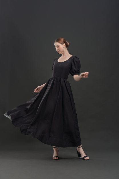 Hepburn style black puff sleeve dress - Image 3