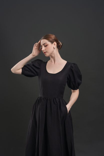 Hepburn style black puff sleeve dress - Image 2