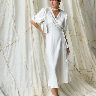 Elegant White Wrap Midi Dress