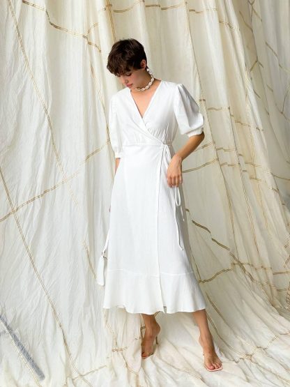 Elegant White Wrap Midi Dress - Image 2