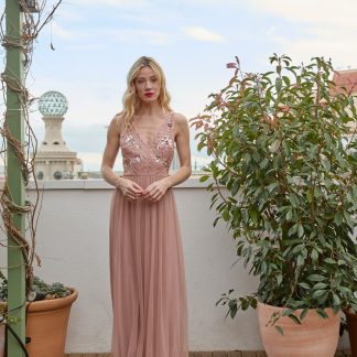 Pink Mesh Beaded Long Skirt