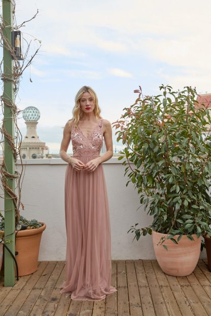 Pink Mesh Beaded Long Skirt