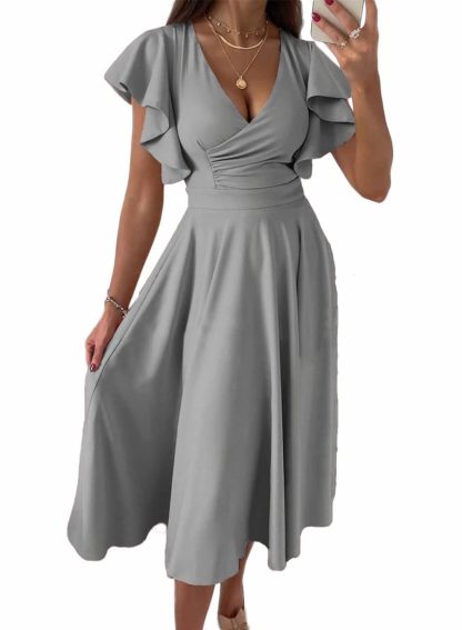 Elegant Deep V Neck Flying Sleeve Waist Dress - Image 5