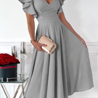 Elegant Deep V Neck Flying Sleeve Waist Dress