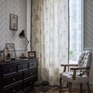 Retro ink style floral linen curtains