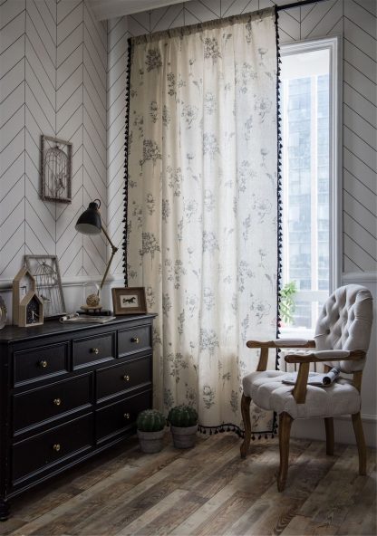 Retro ink style floral linen curtains
