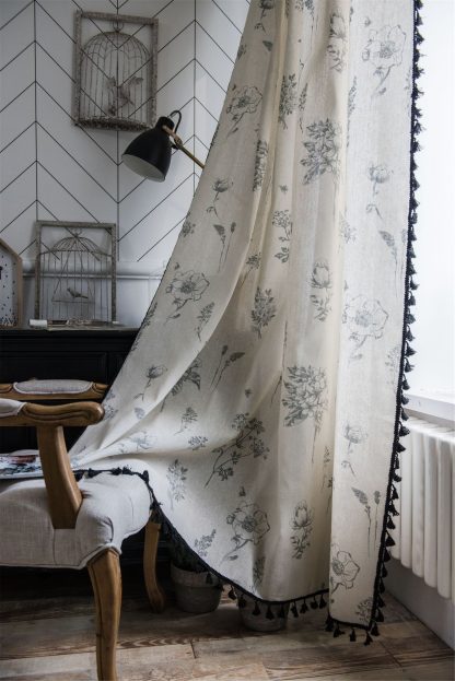 Retro ink style floral linen curtains - Image 2