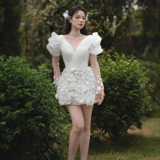 V Neck Puff Sleeve Dress