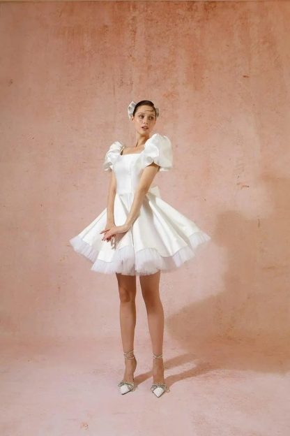 White square neck puff sleeve short skirt - Image 5