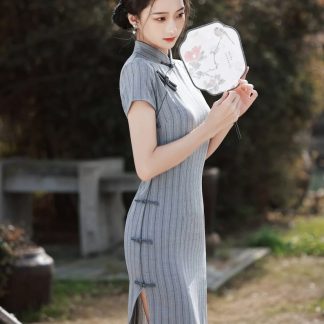 Vertical stripes long cheongsam