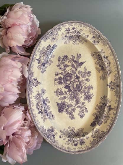 Vintage blue oval porcelain plate with bird and flower pattern