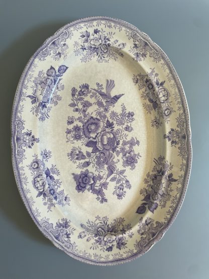 Vintage blue oval porcelain plate with bird and flower pattern - Image 5
