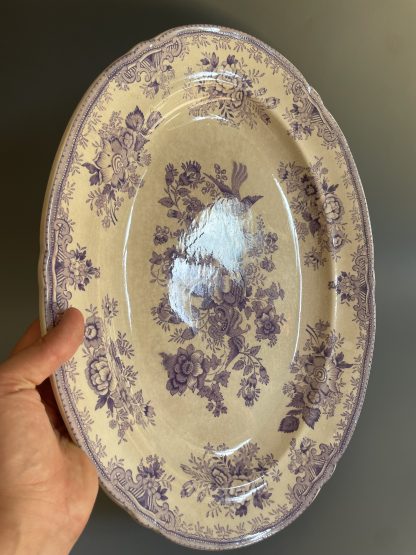 Vintage blue oval porcelain plate with bird and flower pattern - Image 4