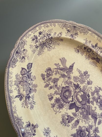 Vintage blue oval porcelain plate with bird and flower pattern - Image 3