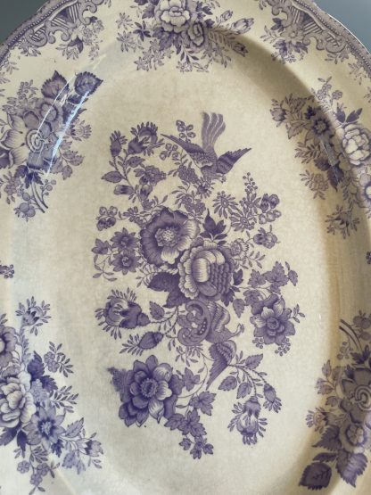 Vintage blue oval porcelain plate with bird and flower pattern - Image 2