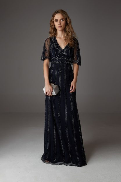 Navy blue beaded mesh dress