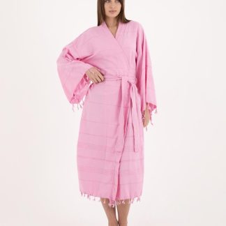 Fresh pink lazy style pure cotton striped bathrobe