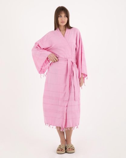 Fresh pink lazy style pure cotton striped bathrobe