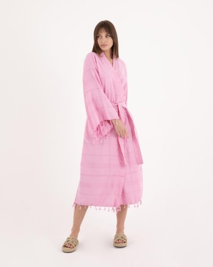 Fresh pink lazy style pure cotton striped bathrobe - Image 6