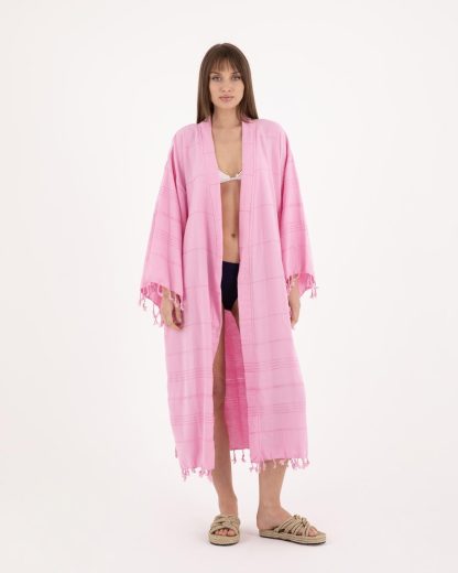 Fresh pink lazy style pure cotton striped bathrobe - Image 5