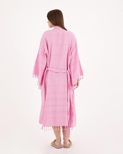 Fresh pink lazy style pure cotton striped bathrobe - Image 4