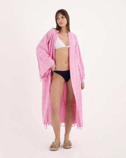 Fresh pink lazy style pure cotton striped bathrobe - Image 3