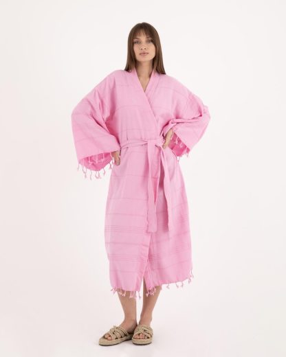 Fresh pink lazy style pure cotton striped bathrobe - Image 2