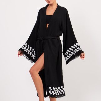 Black embroidered fringe robe