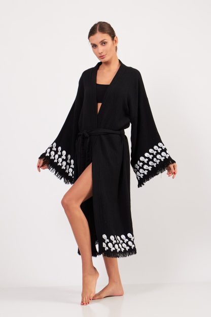 Black embroidered fringe robe