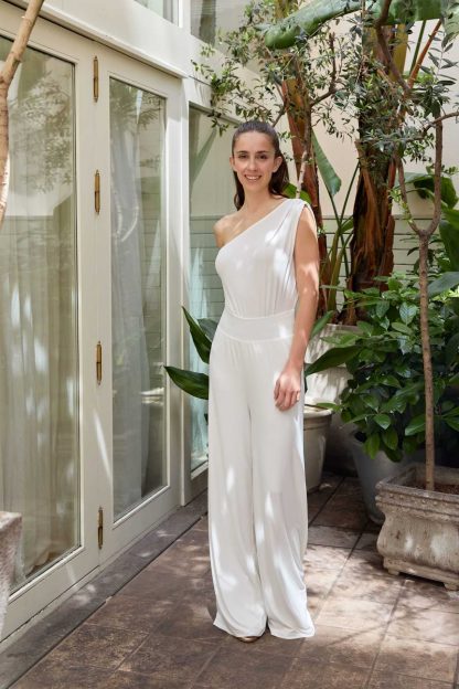 White One Shoulder Draped Wide Leg Jumpsuit - Image 4